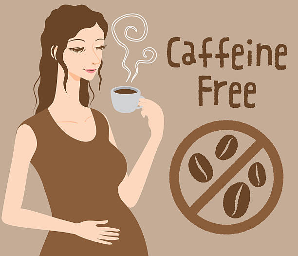 Pregnant woman drinks caffeine free coffee Pregnant woman drinks caffeine free coffee, Decaf beverage, vector illustration curley cup stock illustrations