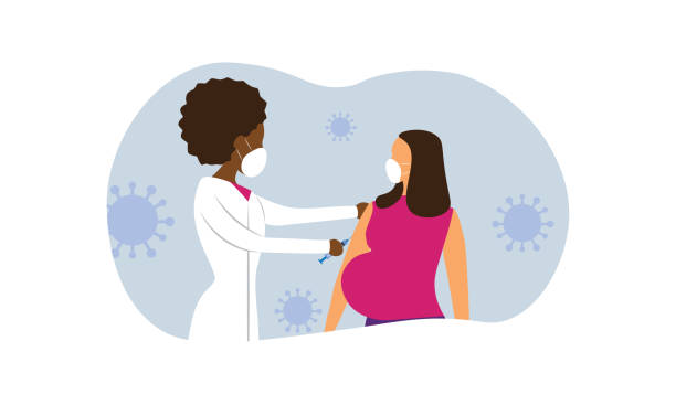Pregnant woman getting covid-19 vaccine shot Pregnant woman getting covid-19 vaccine shot.
File is CMYK color space. Outline stroke expanded. pregnant stock illustrations