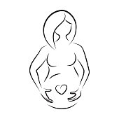 Pregnant woman holding her belly, isolated simple vector image