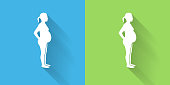Pregnant Woman Icon with Long Shadow. The icon is on Blue Green Background with Long Shadow. There are two background color variations included in this file. The icon is rendered in white color and the background is blue or green. There is also a 45 degree long shadow.
