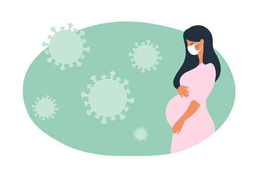 Pregnant woman in a medical mask, green background with viruses, banner with place for text. Medical banner with copy space. Flat cartoon vector illustration.