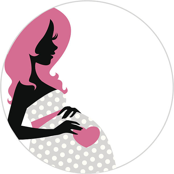 Pregnant Woman in Writing Circle Pregnant woman in polkadot dress holding heart. Change the colors to fit your color scheme. Would be great for baby shower, website, etc. Heart is removable in Ai. heyheydesigns stock illustrations