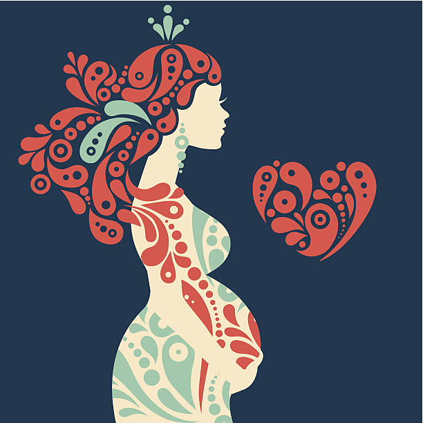 Pregnant woman silhouette with abstract decorative flowers Pregnant woman silhouette with abstract decorative flowers and heart symbol pregnant patterns stock illustrations