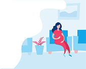 A pregnant woman sitting in a chair in the clinic and waiting in line. Vector illustration in flat style. Horizontal banner template.