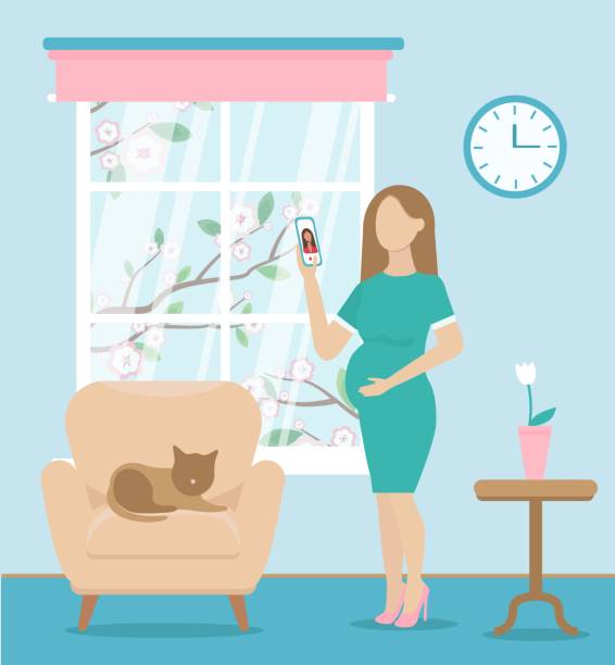 pregnant woman talking to someone via video call. working from home in comfortable conditions. pregnant woman talking to someone via video call. working from home in comfortable conditions. There is a chair and cat on it. A tree blooms outside the window. Vector flat pregnant borders stock illustrations