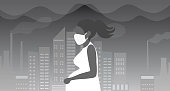 Pregnant woman wearing protective mask with city buildings and smoke dusts floating in the air.  PM2.5 pollution and covid-19  protection concept for pregnancy vector illustration.