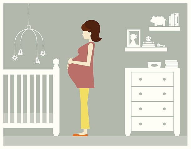 Pregnant Woman with Baby Boy Room A soon-to-be mommy in a bedroom decorated for a baby boy bedroom silhouettes stock illustrations