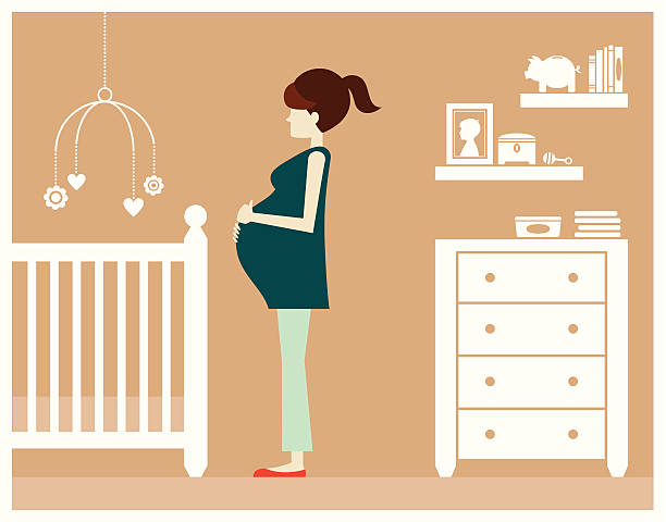 Pregnant Woman with Baby Girl Room An excited soon-to-be mommy standing in a bedroom decorated for her future baby girl bedroom silhouettes stock illustrations