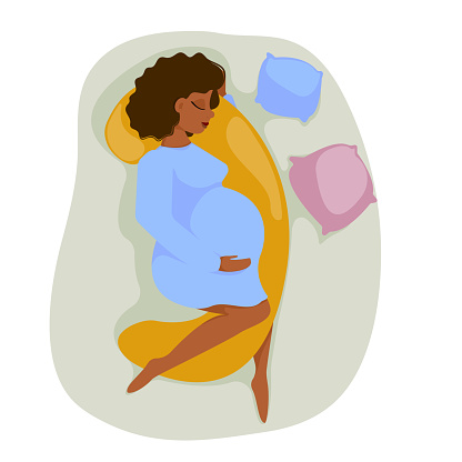 Pregnant woman with big belly sleeps on pregnancy pillow. Future mother healthy sleep concept. Flat design.