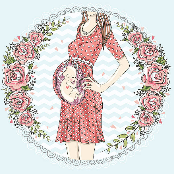 беременная женщина с милый ребенок и цветы - drawing of cute pregnant belly s...