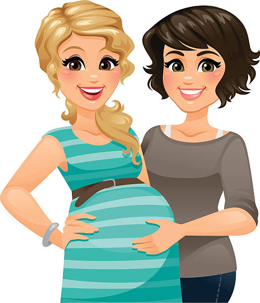 Pregnant Woman with Doula A happy pregnant woman standing with a supportive doula or midwife. heyheydesigns stock illustrations