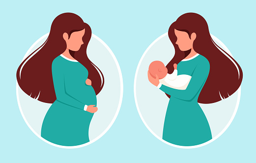 Pregnant woman. Woman with newborn. Pregnancy, motherhood concept. Vector illustration.