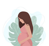 Pregnant young woman.  Nature background with leaves. Hand drawn flat cartoon style vector illustration. Pregnancy, motherhood awaiting baby concept.