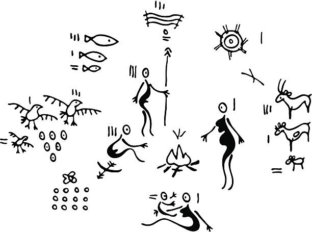prähistorische familie life - felszeichnung oder höhlenmalerei stock-grafiken, -clipart, -cartoons und -symbole