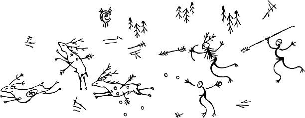 prähistorische jagd szene deer - felszeichnung oder höhlenmalerei stock-grafiken, -clipart, -cartoons und -symbole