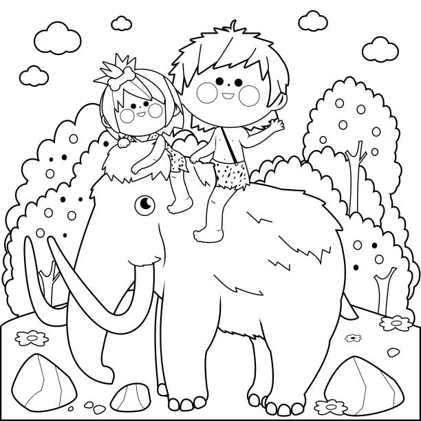 Prehistoric landscape with children riding a mammoth. Black and white coloring book page Prehistoric landscape with two cavemen children, a boy and a girl riding a woolly mammoth. Vector black and white illustration mastodon animal stock illustrations