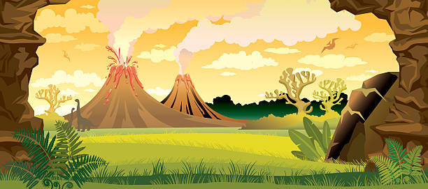 illustrazioni stock, clip art, cartoni animati e icone di tendenza di preistorici paesaggio con vulcani. - preistoria