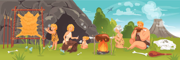 ilustrações de stock, clip art, desenhos animados e ícones de prehistoric people at stone age concept - fire caveman
