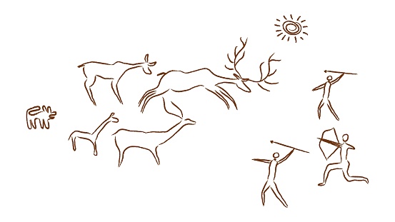 Prehistoric people hunt deer cave paintings. Primitive hunters with bows arrows in light sun and with help dog drive horned vector animals.