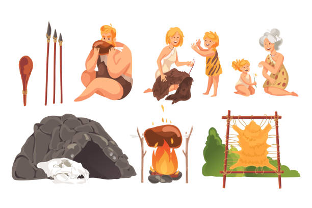 ilustrações de stock, clip art, desenhos animados e ícones de prehistoric people stone age set concept - fire caveman