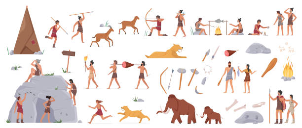 ilustrações de stock, clip art, desenhos animados e ícones de prehistoric stone age cave hunter people, weapon tools and ancient wild animals set - fire caveman