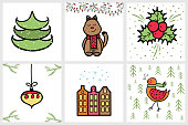 Pre made hand drawn set of Christmas and New Year cards with winter holiday symbols and characters. Usable for banners, greeting cards, gifts
