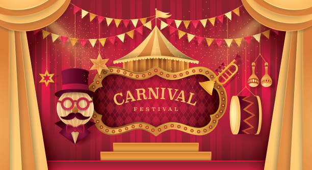 Premium Curtains stage with Circus Frame Bordor, Day Scene Carnival festival Gold Curtains stage with Circus Frame Border, Triangle bunting flags and Hanging Circus Barker with Hat,Glasses and Mustache, Carnival trumpet, Mexican maracas, Drum, Paper art vector and illustration circus stock illustrations