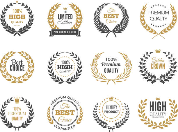Premium round labels. Sale or victory emblem with round greek branches vector badges collection Premium round labels. Sale or victory emblem with round greek branches vector badges collection. Quality label or badge, banner limited edition emblem illustration quality stock illustrations