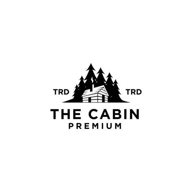 premium wooden cabin and pine forest retro vector black design isolated white background - 原木小屋 插圖 幅插畫檔、美工圖案、卡通及圖標
