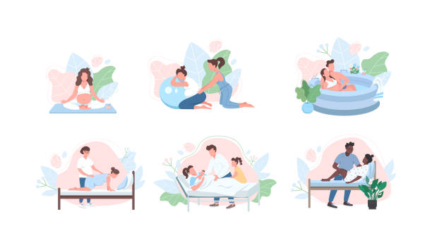 Prenatal care flat color vector faceless character set Prenatal care flat color vector faceless character set. Pregnancy yoga. Midwife help parent. Alternative childbirth isolated cartoon illustration for web graphic design and animation collection midwife stock illustrations