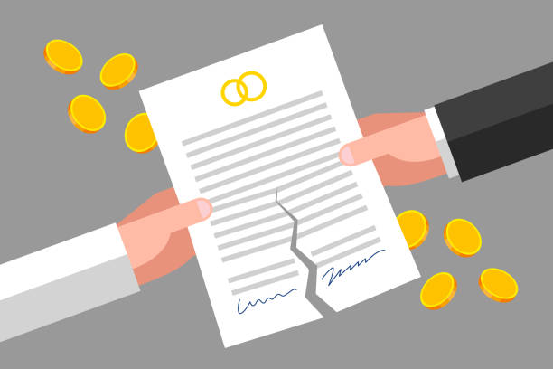Prenuptial agreement and divorcement Torn prenuptial agreement is in man's and woman's hands, gold coins are around. Family, divorcement and law divorce symbols stock illustrations