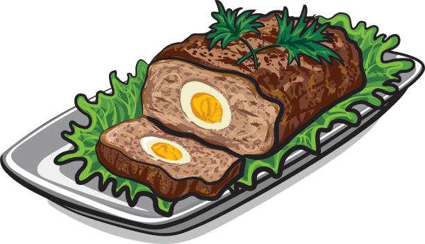 prepared meat loaf illustration of prepared meat loaf with egg and lettuce on plate meatloaf stock illustrations
