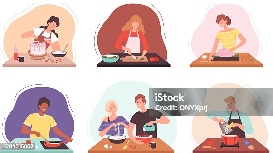 istock Preparing food. Characters cooking in kitchen happy people baked professional or family chef vector illustrations 1284015052