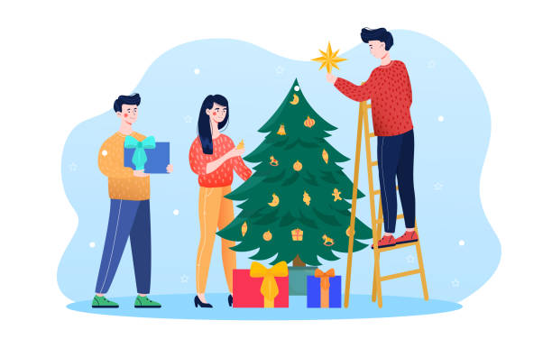 stockillustraties, clipart, cartoons en iconen met voorbereiding om 2022 nieuw jaar te ontmoeten, decoratieboom - vrouw kerstboom versieren