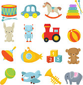 Preschool children toys isolated vector cartoon set. Toy child, ball and pyramid, bear and rabbit illustration