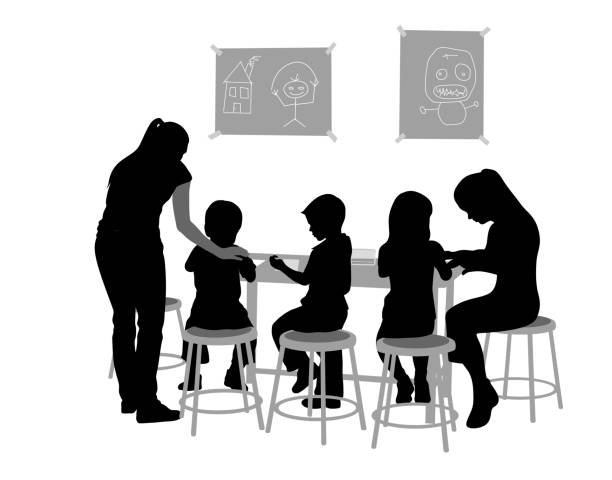 Preschool Drawing Activities Kids at kindergarden doing craft with teacher's support education silhouettes stock illustrations