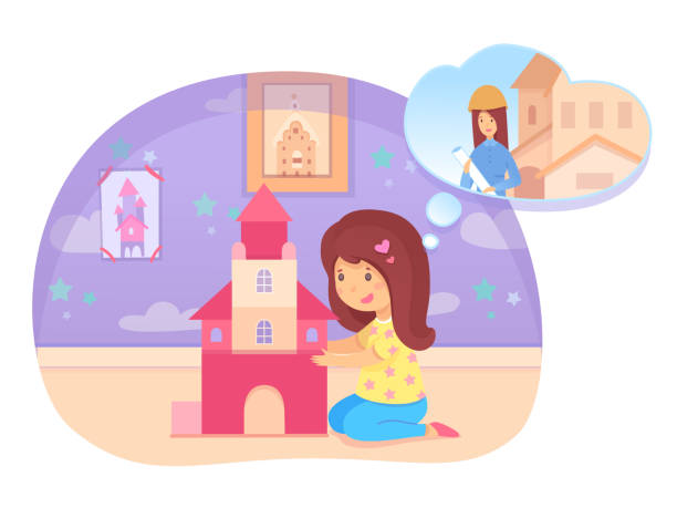 stockillustraties, clipart, cartoons en iconen met het meisjesspelen en dromen van de kleuterschool worden bouwer - future kids
