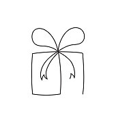 Present box continuous editable line vector illustration. Wrapped surprise package with ribbon and bow isolated on white background - trendy abstract gift for logo or congratulation.