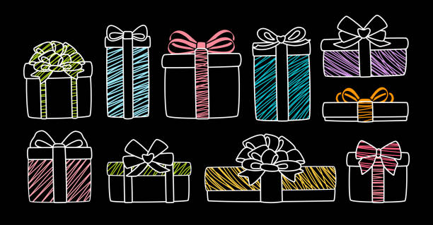Present box flat chalk graphic gift set vector Present box flat chalk graphic set. Colorful modern gift. Cartoon boxes different shapes, ribbon bows. Presents package collection, Birthday, anniversary, celebration party. Vector illustration gift drawings stock illustrations