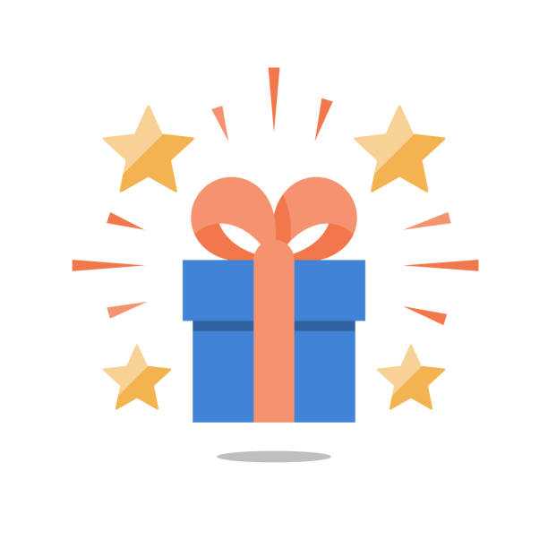 Present box with ribbon, shining gift with stars, surprising big gift, reward program, special prize Shining gift with stars, present box with ribbon, surprising big gift, reward program, special prize, flat icon, vector illustration incentive illustrations stock illustrations