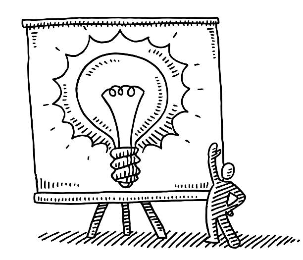 Presentation Chart Light Bulb Idea Drawing Hand-drawn vector drawing of a Little Man showing a Presentation Chart with a Light Bulb on it, Business Idea Concept Image. Black-and-White sketch on a transparent background (.eps-file). Included files are EPS (v10) and Hi-Res JPG. presentation speech clipart stock illustrations