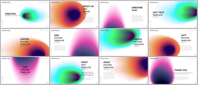 Presentation design vector templates, multipurpose template for presentation slide, flyer, brochure cover design, infographic report. Abstract blur shapes with iridescent colors soft effect gradients