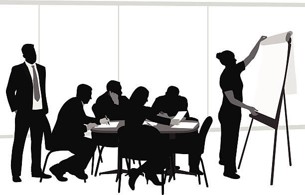 Presenting On Paper A vector silhouette illustration of a woman giving a presentation at a business meeting.  She uses a flip chart to illustrate points to business men and woman sitting and taking notes while a man in a suit stands to the left. office silhouettes stock illustrations