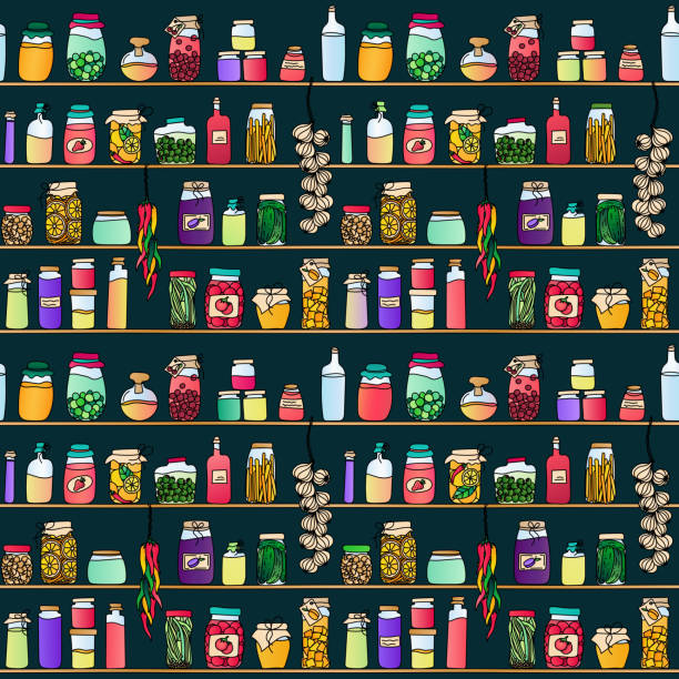 Preserves seamless pattern A colorful hand drawn seamless pattern. Pantry shelves filled with preserve jars and ristras. Food, preserves, jams, drinks, fruit, vegetables.... EPS10 vector illustration, global colors, easy to modify. pantry stock illustrations