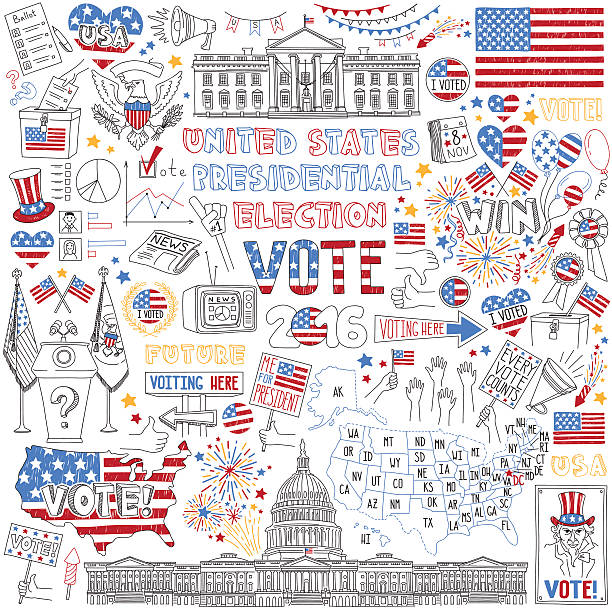 2016 USA President Election hand drawn set. Political campaign and voting attributes, patriotic symbols, american flags and maps  collection. Vector hand drawn objects isolated on white background. voting drawings stock illustrations