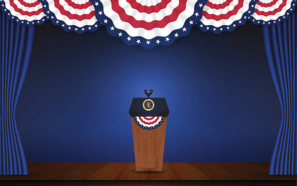 USA President podium on stage with semi-circle decorative flag USA President podium on stage with semi-circle decorative flag on top. Open curtain stage with blue background scene. Vector illustration president stock illustrations