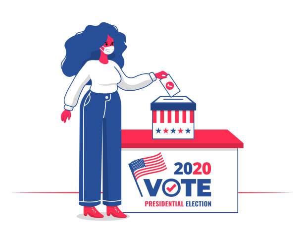 2020 USA presidential election banner concept Woman with face mask voting in a ballot box for 2020 USA presidential election with flat design republicanism stock illustrations
