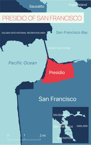 Presidio of San Francisco editable map Presidio of San Francisco editable map with cities and towns, geographic sites. Vector EPS-10 file, trending color scheme alcaraz stock illustrations