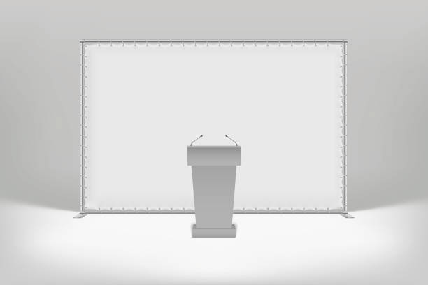 Press wall with metal tubes. White press wall with metal tubes. Tribune with microphones. Eps10 Vector. presentation speech borders stock illustrations