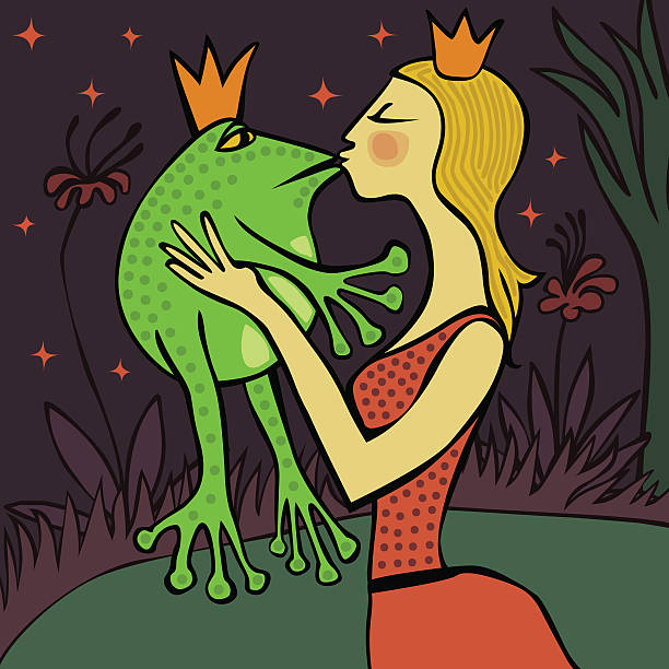 pretty blonde princess kissing a frog vector art illustration